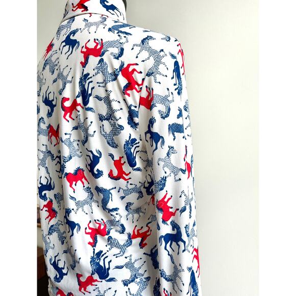 Vintage 70s Horse Print Shirt | 1970s Red White Blue Size S/M - Picture 4 of 5